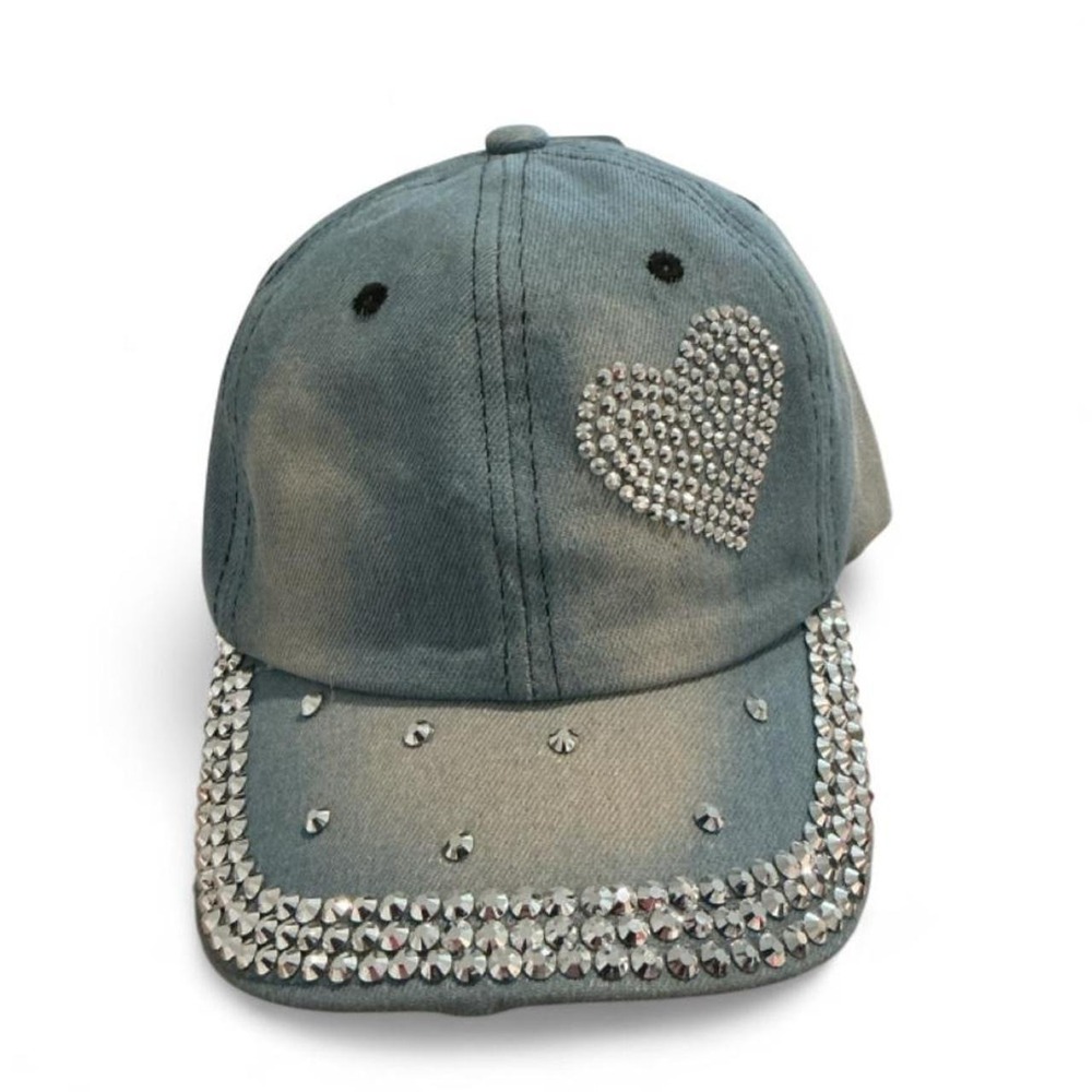 Kendall & James Baseball Cap Womens OS Blue New Rhinestone Heart Denim Hat
